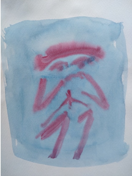 Watercolor painting of crouching human form in dark pink hue within a blue rectangle