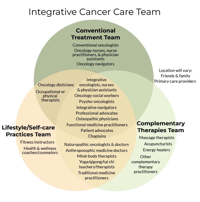 A graph displays the various cancer care practitioners according to their placement within conventional, lifestyle/self care and/or complementary care.