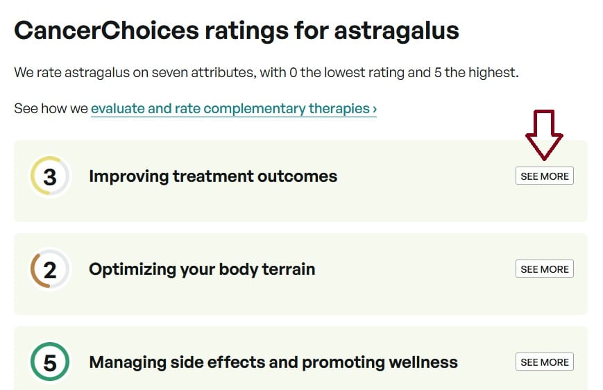 screen shot of therapy ratings for astragalus